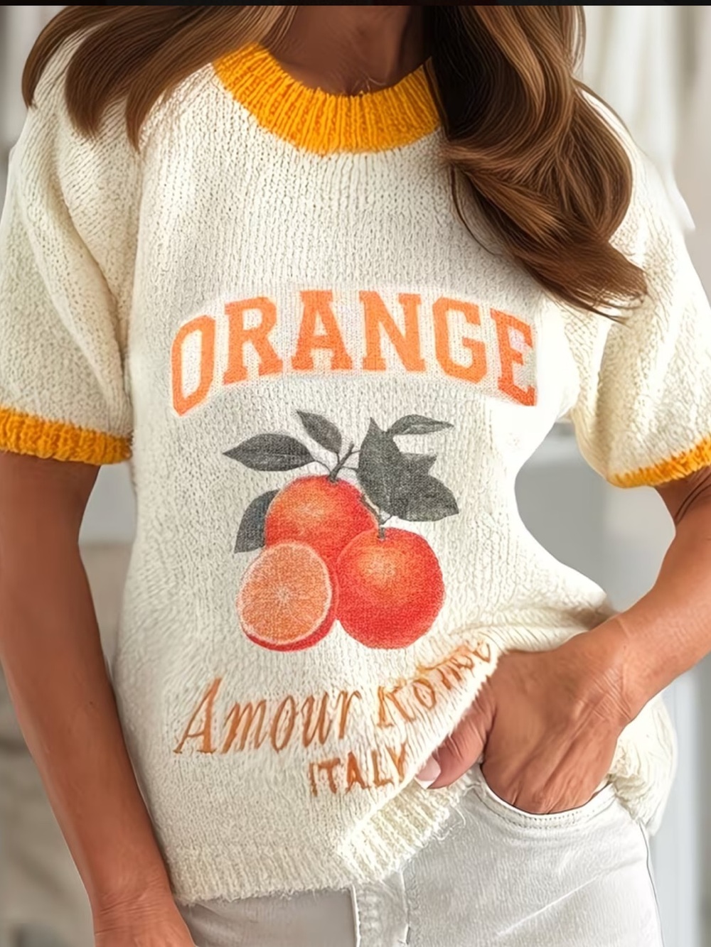 Italian Oranges Citrus Graphic Knit Statement Sweater Euro Summer Outfit